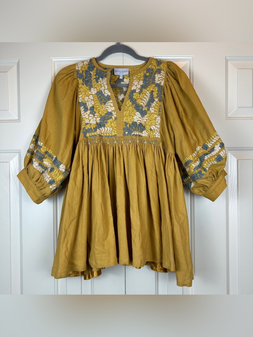 Mi Golondrina Hand Embroidered Mustard Yellow Tunic Top
